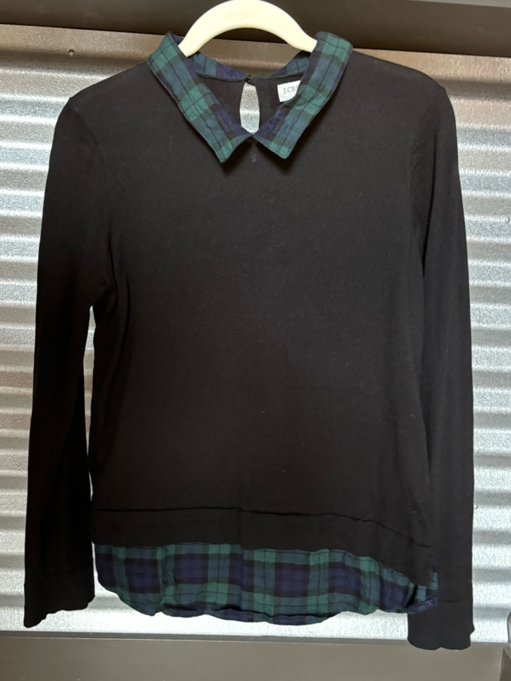J. Crew Black Top with Green and Navy Plaid Collar